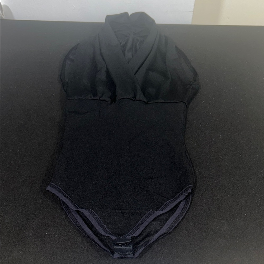 Black Bodysuit with Plunging V-Neckline and Ruched Details